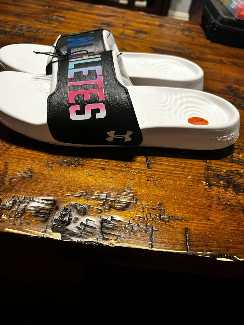 Under Armour White Slide Sandals with Rainbow 